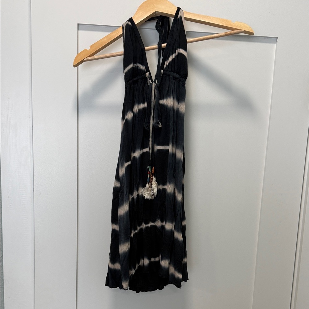 Black & White Tie-Dye Halter Sundress with Tassel Detail